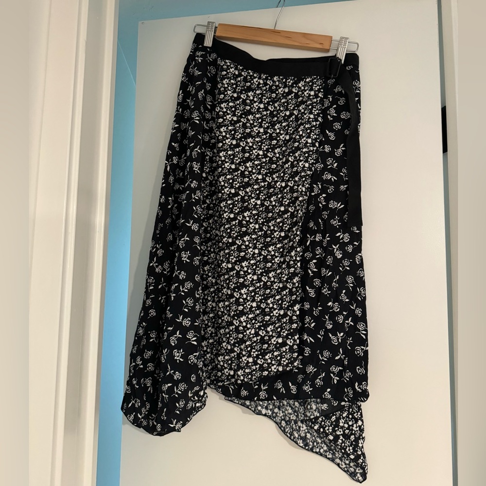 Rag & Bone Asymmetrical Floral Flower Rose Print Black & White Crepe Wrap Skirt